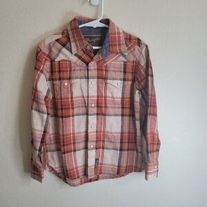 Wrangler Retro Boys Orange & Black Plaid Long Sleeve Pearl Button Up Medium 7/8